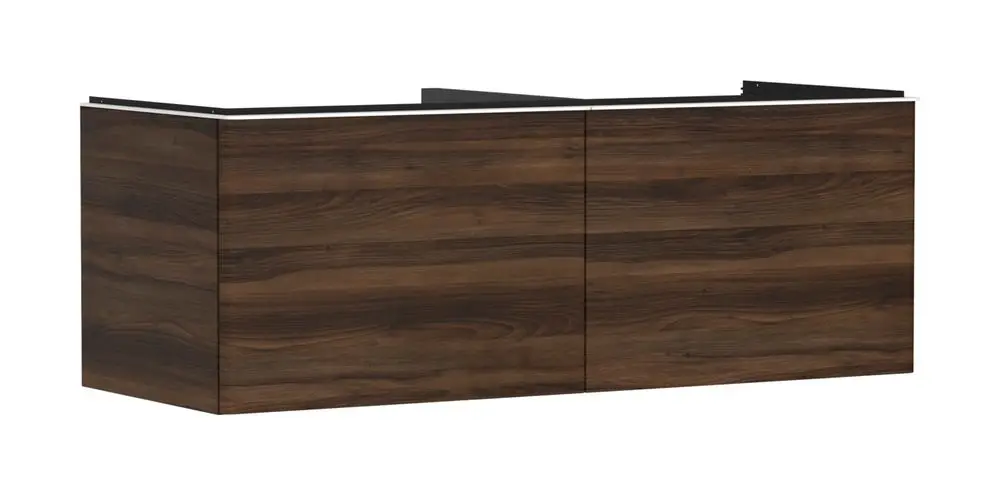Waschtischunterschrank in dunklem Nussbaum, mit zwei Schubkästen, kompatibel mit Hansgrohe Konsolen Aufsatzwaschtisch, untere Fläche geschliffen.